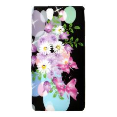 Накладка Sony Z/L36h/C6603 силиконовая рисунки со стразами Цветы с бабочками на черном фоне