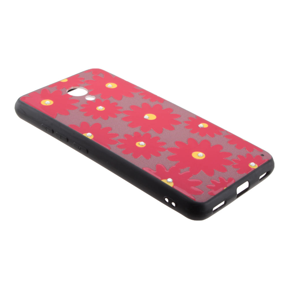 Накладка Meizu M5c пластиковая с резиновым бампером рисунки и стразы Цветочки красная