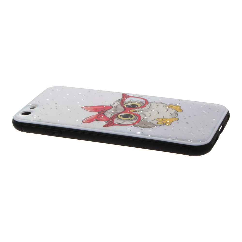 Накладка iPhone 6/6S пластиковая с резиновым бампером с серебряной крошкой Совенок