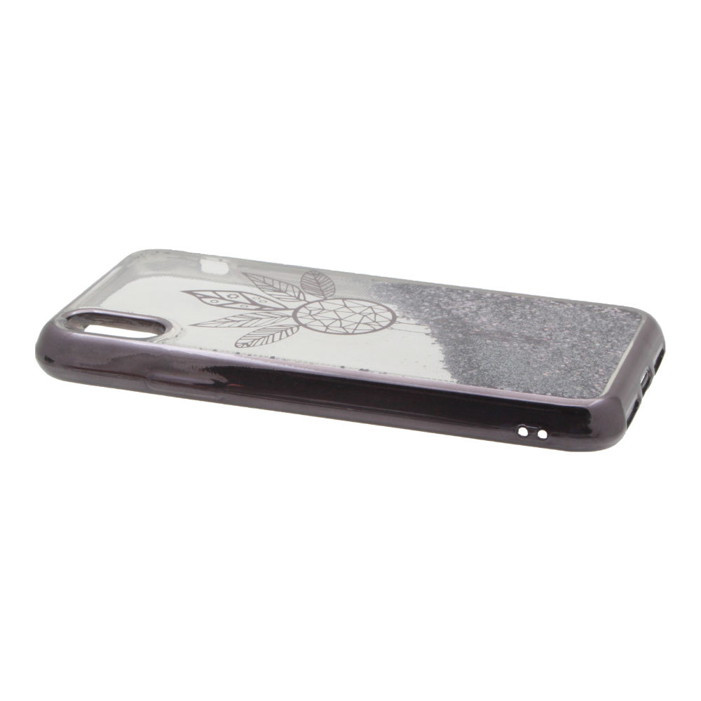 Накладка iPhone X/XS силиконовая с переливающейся жидкостью с хром бампером Ловец снов черная