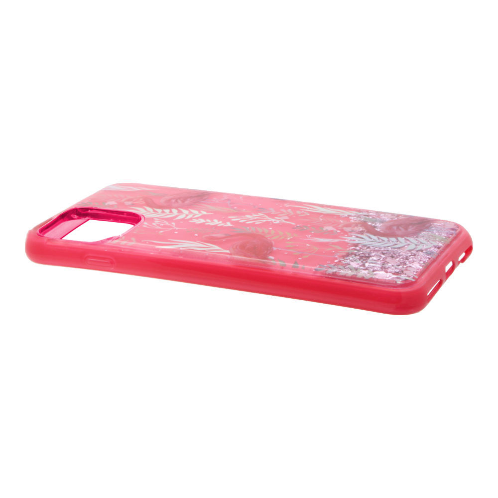 Накладка iPhone 11 Pro силиконовая с переливающейся жидкостью Фламинго с травой розовая