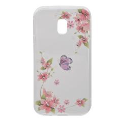 Накладка Samsung J3 2017/J330F силиконовая прозрачная рисунки и стразы Цветы с бабочкой розовые