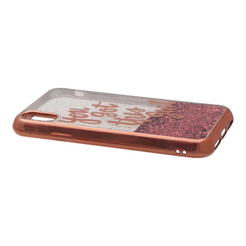 Накладка iPhone X/XS силиконовая с переливающейся жидкостью с хром бампером You sot this gir розовая
