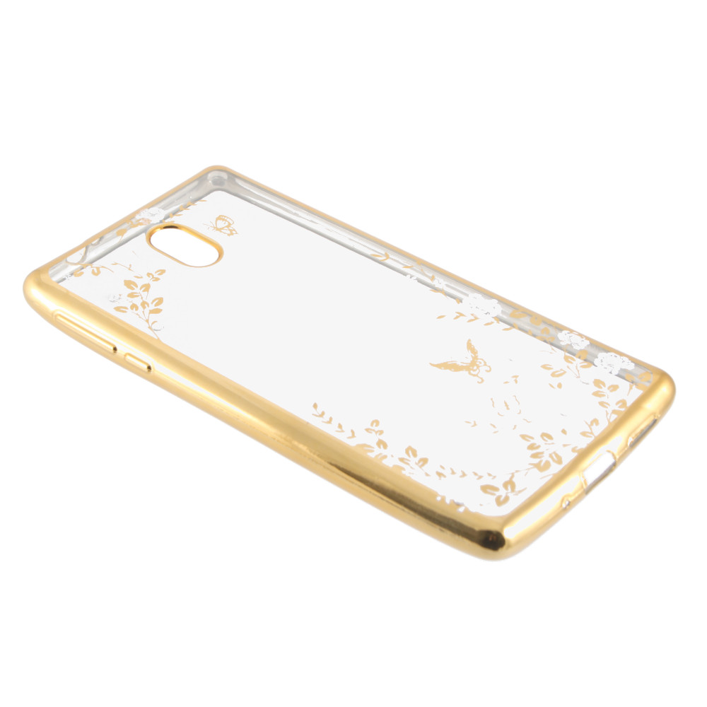 Накладка Nokia 3 силиконовая прозрачная с хром бампером рисунки со стразами Цветы белые золото