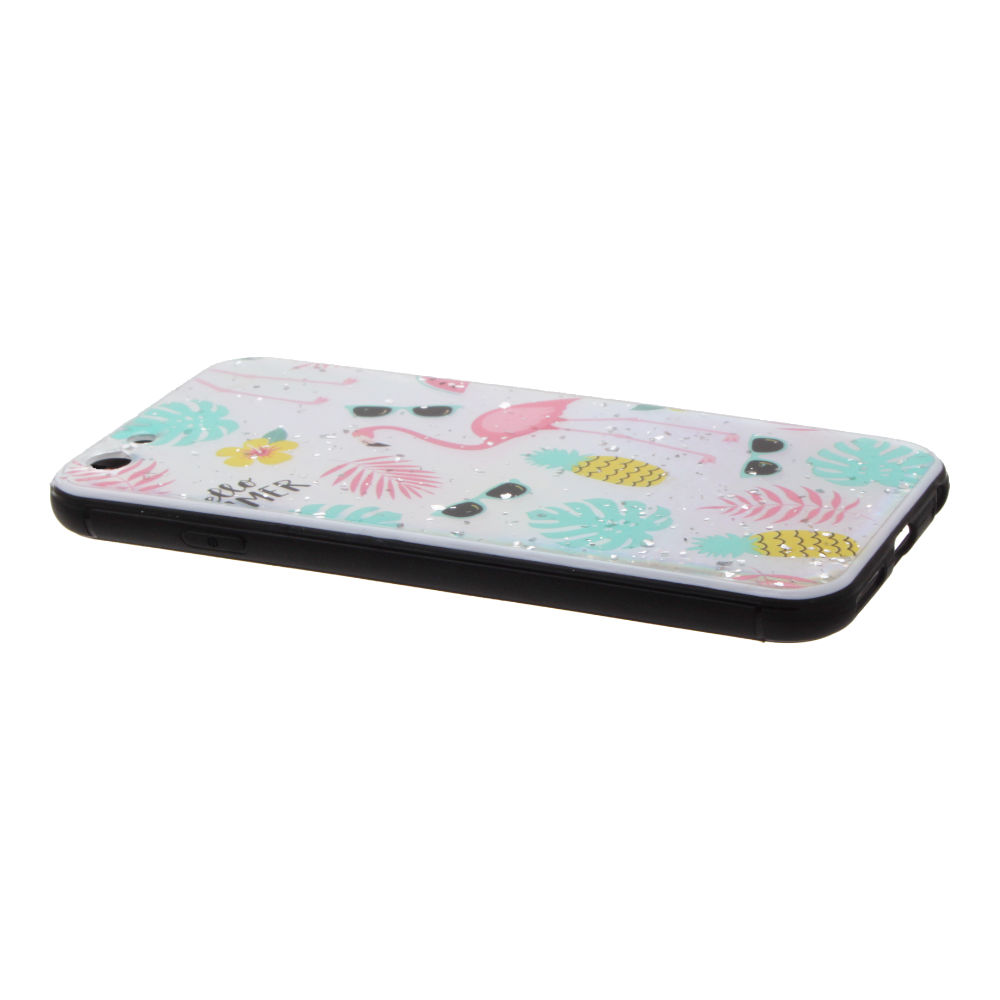 Накладка iPhone 6/6S пластиковая с резиновым бампером с серебряной крошкой Hello Summer Фламинго 