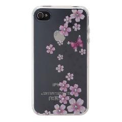 Накладка iPhone 4/4S силиконовая прозрачная рисунки и стразы Цветы с бабочкой сиреневые