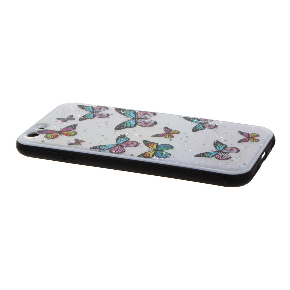 Накладка iPhone 6/6S пластиковая с резиновым бампером с серебряной крошкой Бабочки
