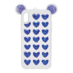 Накладка iPhone X/XS силиконовая прозрачная Сердечки с блестками и ушками синяя