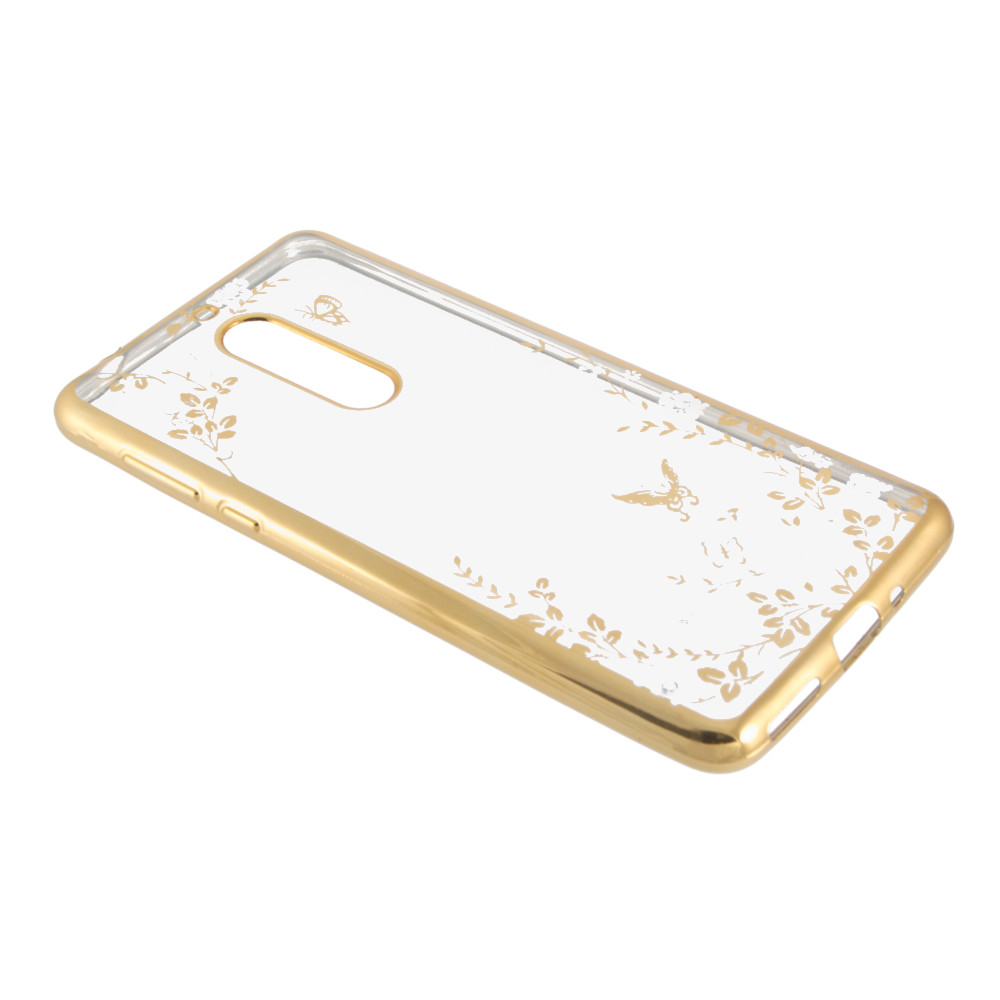 Накладка Nokia 5 силиконовая прозрачная с хром бампером рисунки со стразами Цветы белые золото