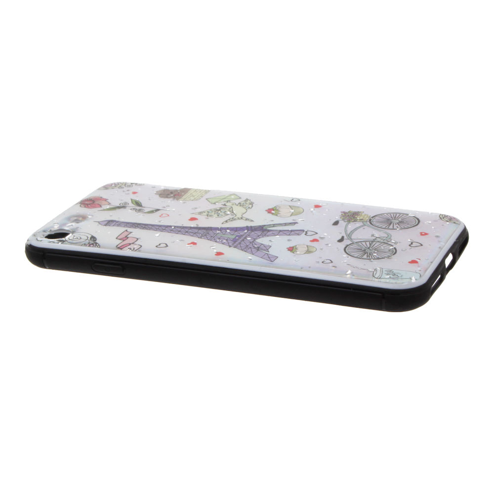 Накладка iPhone 7/8 пластиковая с резиновым бампером с серебряной крошкой Эйфелева башня