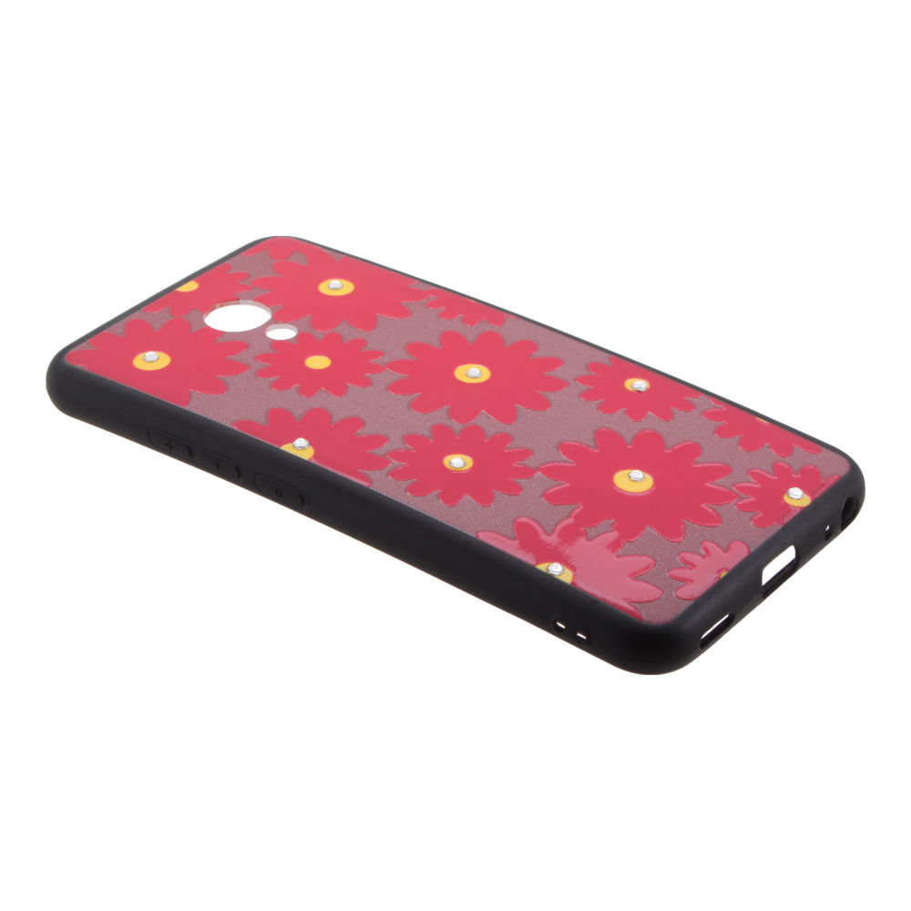 Накладка Meizu M5 пластиковая с резиновым бампером рисунки и стразы Цветочки красная