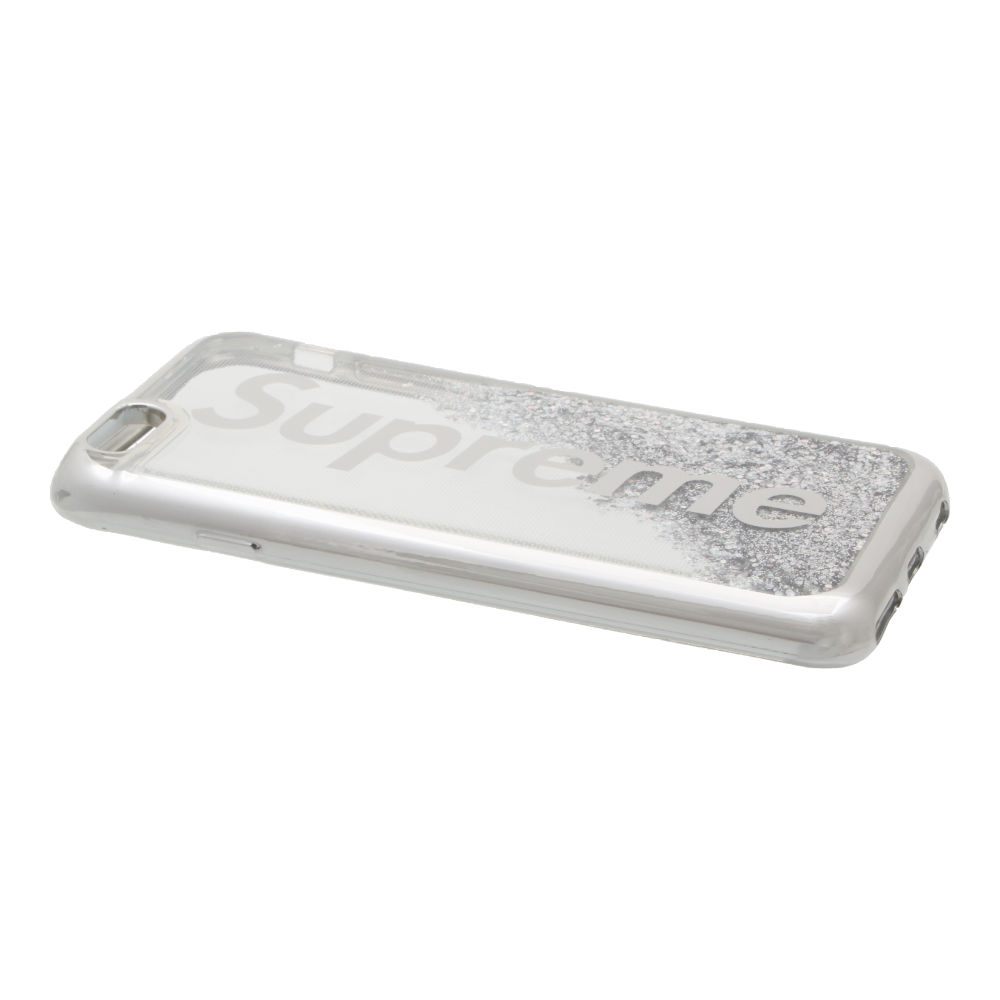 Накладка iPhone 6/6S силиконовая с переливающейся жидкостью с хром бампером Supreme серебро