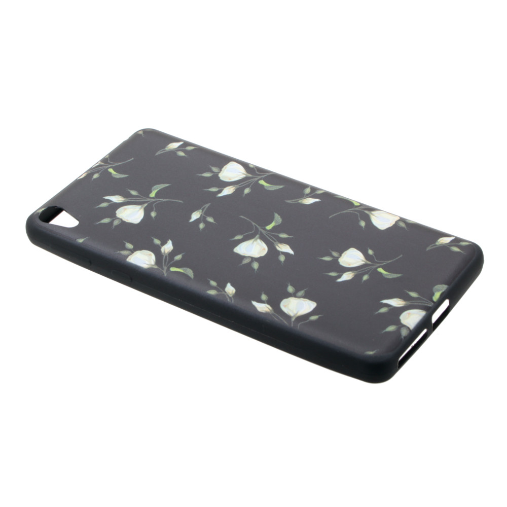 Накладка Sony E5 резиновая рисунки Цветы белые на черном фоне