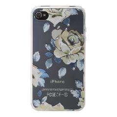 Накладка iPhone 4/4S силиконовая прозрачная рисунки и стразы Цветы розы желто-голубые