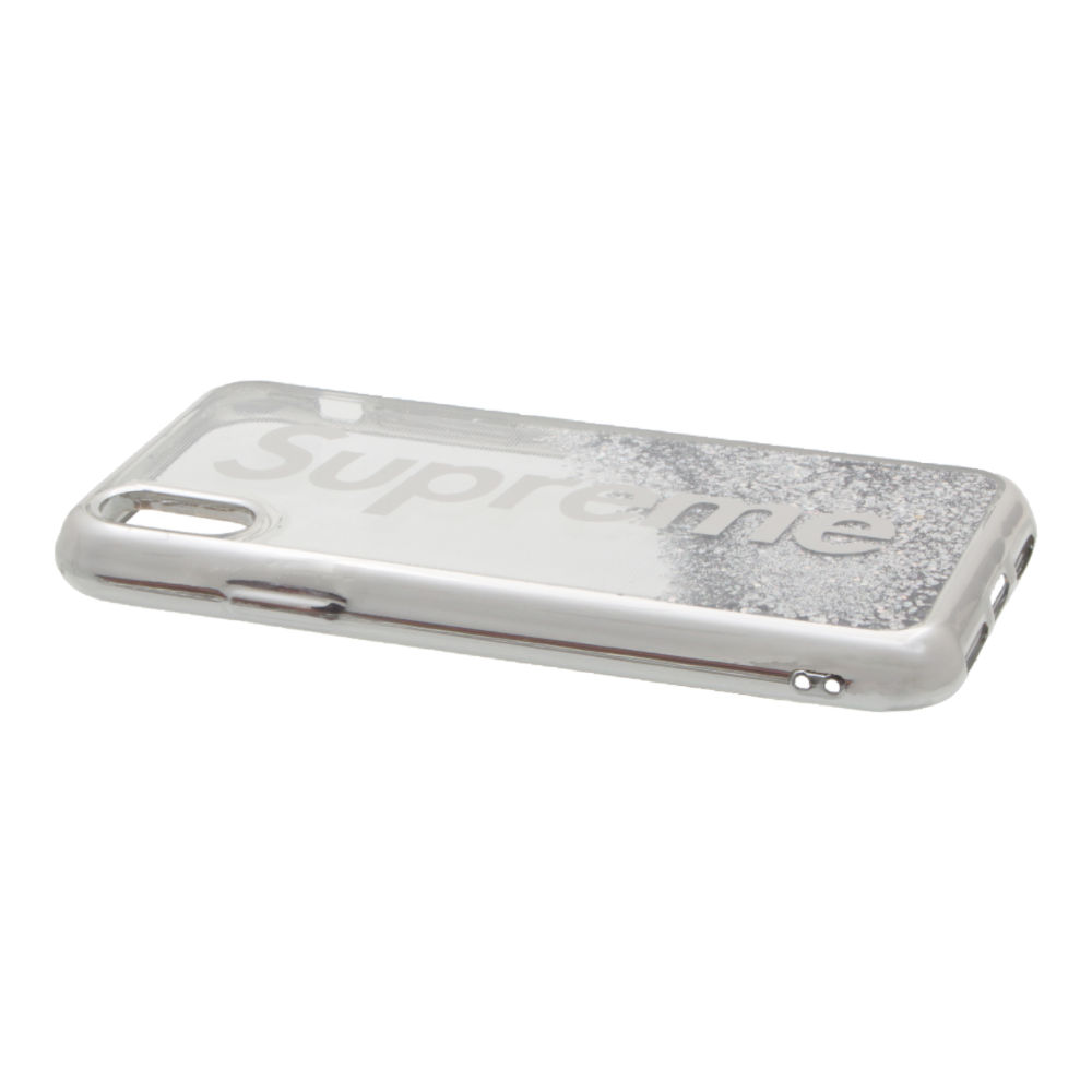 Накладка iPhone X/XS силиконовая с переливающейся жидкостью с хром бампером Supreme серебро