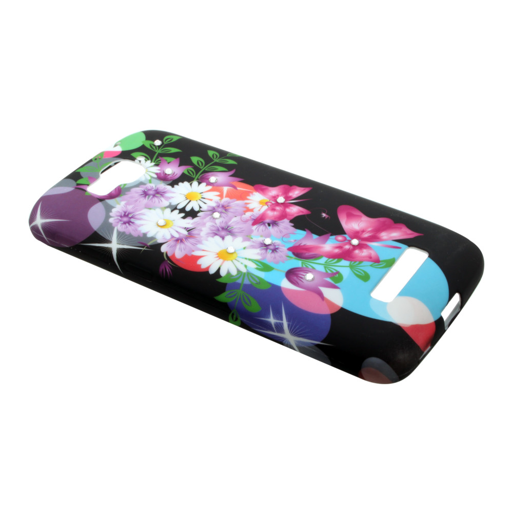 Накладка Alcatel 7041/С7 силиконовая рисунки со стразами Цветы с бабочками на черном фоне