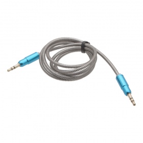 AUX кабель 3,5 на 3,5 мм, металлический, пружина, синий, 1000 мм