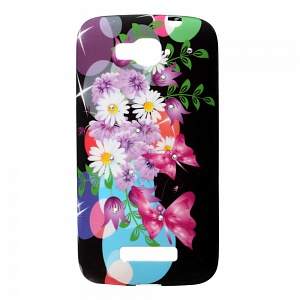Накладка Alcatel 7041/С7 силиконовая рисунки со стразами Цветы с бабочками на черном фоне