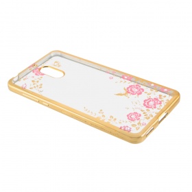 Накладка Nokia 6 силиконовая прозрачная с хром бампером рисунки со стразами Цветы розовые золото
