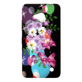 Накладка Nokia 640 Lumia силиконовая рисунки со стразами Цветы с бабочками на черном фоне