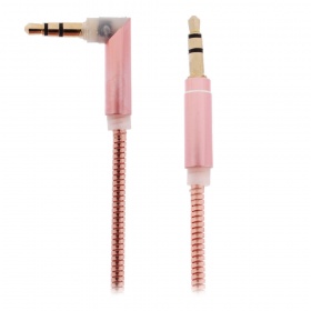 AUX кабель 3,5 на 3,5 мм металлический пружина с угловым штекером розовое золото 1000 мм