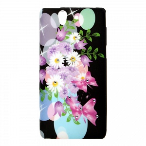 Накладка Sony Z/L36h/C6603 силиконовая рисунки со стразами Цветы с бабочками на черном фоне