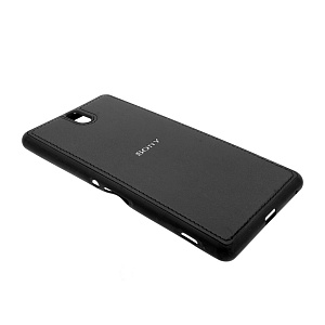 Накладка Sony C5 резиновая под кожу с логотипом черная 