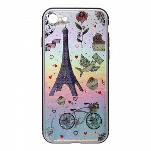 Накладка iPhone 7/8 пластиковая с резиновым бампером с серебряной крошкой Эйфелева башня
