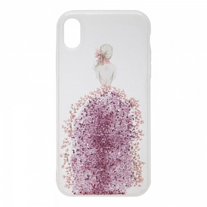 Накладка iPhone XR силиконовая прозрачная с блестками Девушка с наст цветами в розовом платье