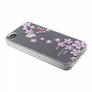 Накладка iPhone 4/4S силиконовая прозрачная рисунки и стразы Цветы с бабочкой сиреневые