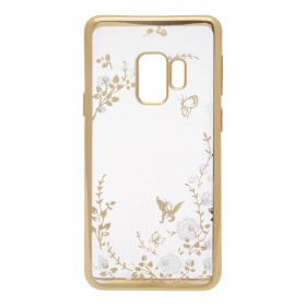 Накладка Samsung G960F/S9 силиконовая прозр с хром бамп рисунки со стразами Цветы белые золото