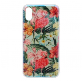 Накладка iPhone X/XS силиконовая с переливом Фламинго в цветах с листьями
