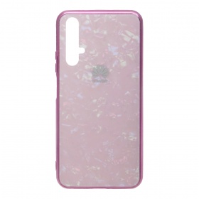 Накладка Huawei Honor 20 пластиковая с резиновым бампером стеклянная Мрамор с логотипом розовая