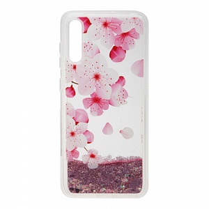 Накладка Samsung A70 2019/A705F силиконовая с переливающейся жидкостью Цветы розовая