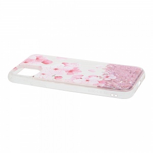 Накладка iPhone 11 силиконовая с переливающейся жидкостью Цветы розовая