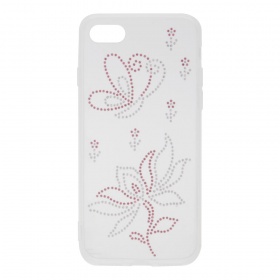 Накладка iPhone 7/8 пластиковая прозрачная с силиконовым бампером мелкие стразы Бабочка с цветком