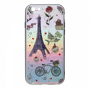 Накладка iPhone 6/6S пластиковая с резиновым бампером с серебряной крошкой Эйфелева башня