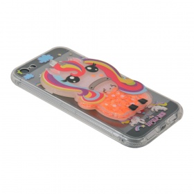 Накладка iPhone 5/5S/SE силиконовая с переливающейся жидкостью Единорог розовая