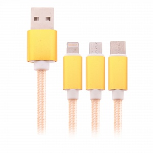 Кабель 3 выхода Lightning 8-pin - Micro USB-TypeC текстильный золото 1000 мм