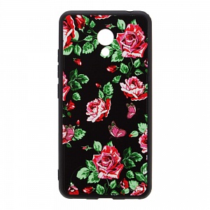Накладка Meizu M5c пластиковая с резиновым бампером Цветы розы красные с листьями