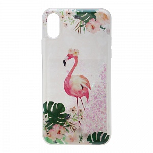 Накладка iPhone XR силиконовая с переливающейся жидкостью Фламинго розовая в цветах