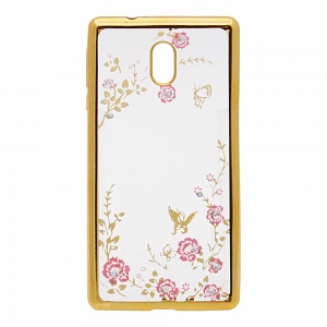 Накладка Nokia 3 силиконовая прозрачная с хром бампером рисунки со стразами Цветы розовые золото