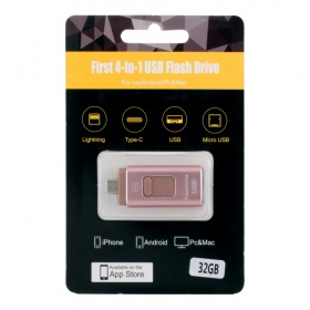 К.П. USB 32 Гб для iOs/Android/Mac, PC/Type-C FlashDrive 4-в-1 розовая