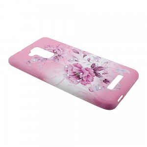 Накладка Asus Zenfone 3 Max/ZC520TL силиконовая рисунки со стразами Цветы розовые на розово-белом фо