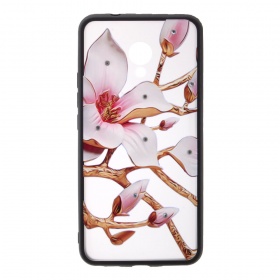 Накладка Meizu M5s пластиковая с резиновым бампером рисунки и стразы Цветок на ветке