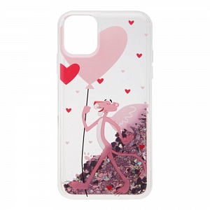 Накладка iPhone 11 силиконовая с переливающейся жидкостью Pink Panther с сердечком