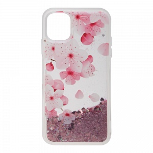 Накладка iPhone 11 силиконовая с переливающейся жидкостью Цветы розовая