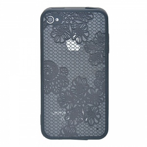 Накладка iPhone 4/4S пластиковая прозрачная с черным бампером кружево с узорами