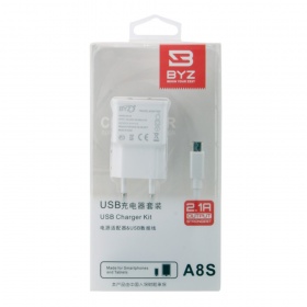 СЗУ с USB 2,1А + кабель USB Micro BYZ A8 белый