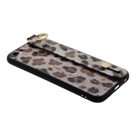 Накладка iPhone 6/6S пластиковая с резиновым бампером с карабином и держателем на руку Леопард белая